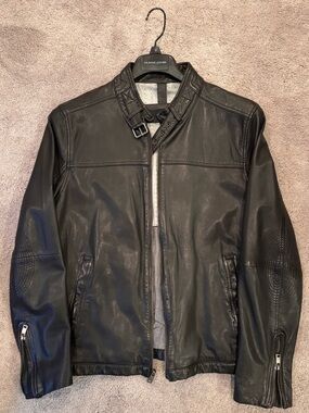 Wilsons Leather Black Moto-Style Leather Jacket with Buckle Neck